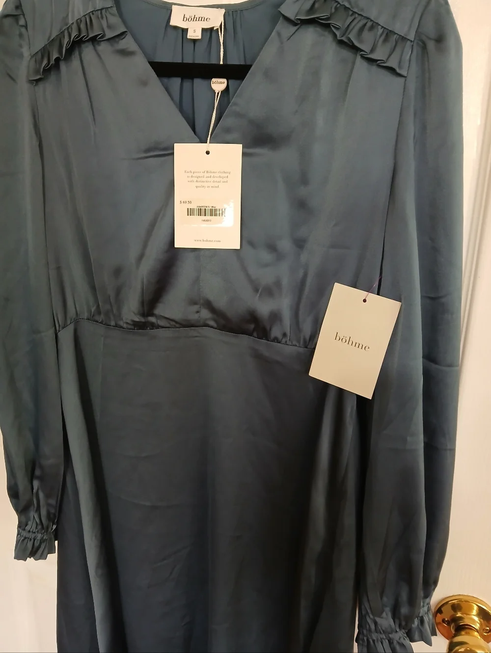 NWT Bohme Blue Long-Sleeve V-Neck Midi Dress Boho Cottage Wedding Guest Feminine - Picture 8 of 9